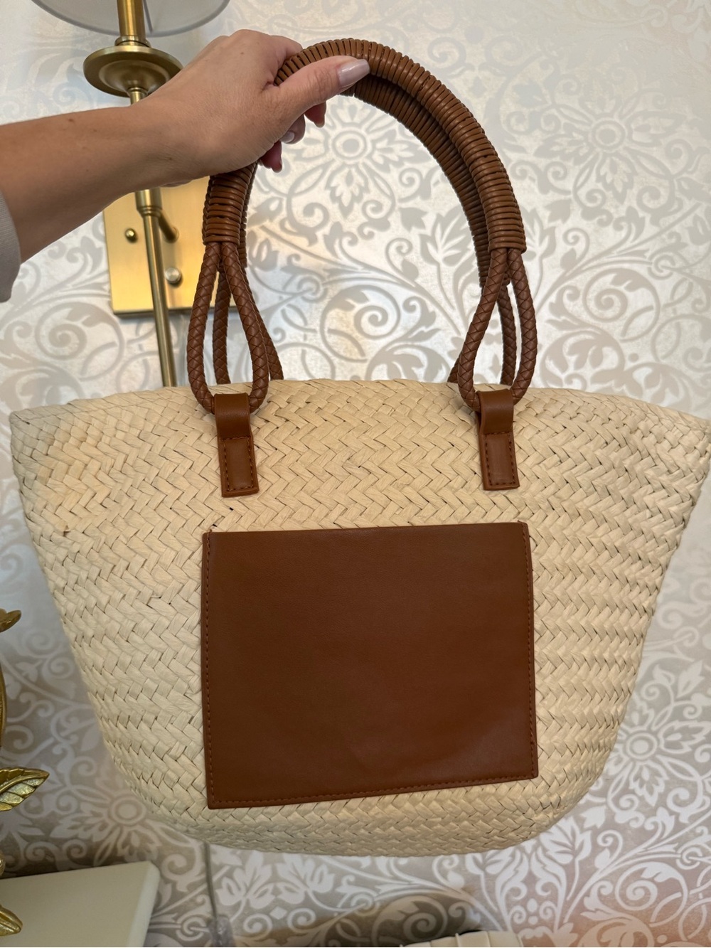 Woven Straw Tote Bag with Brown Trim